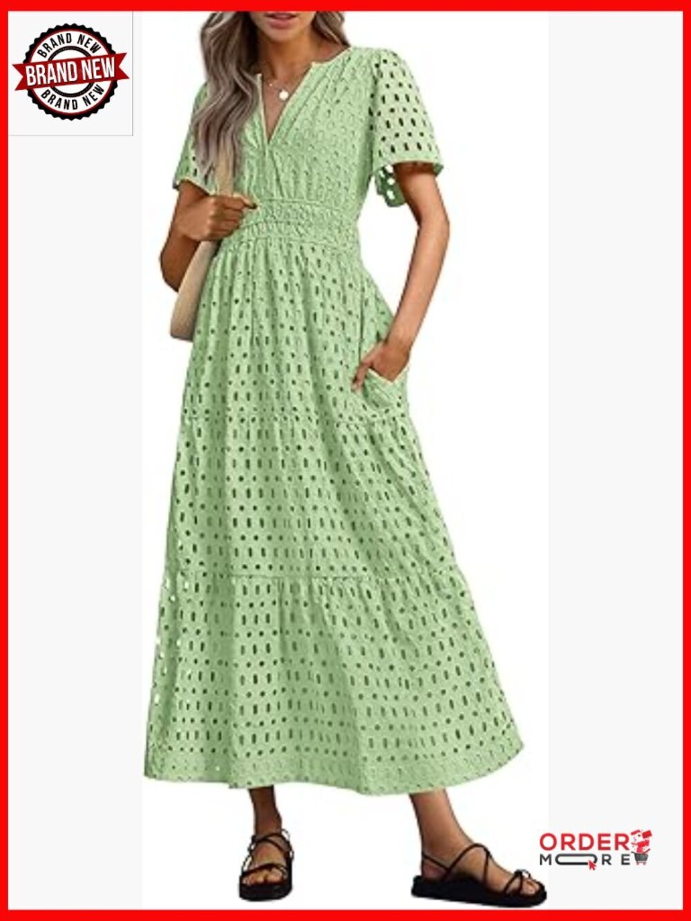 Short Sleeve V Neck Eyelet A Line Maxi Dress Flowy Beach Vacation Dress